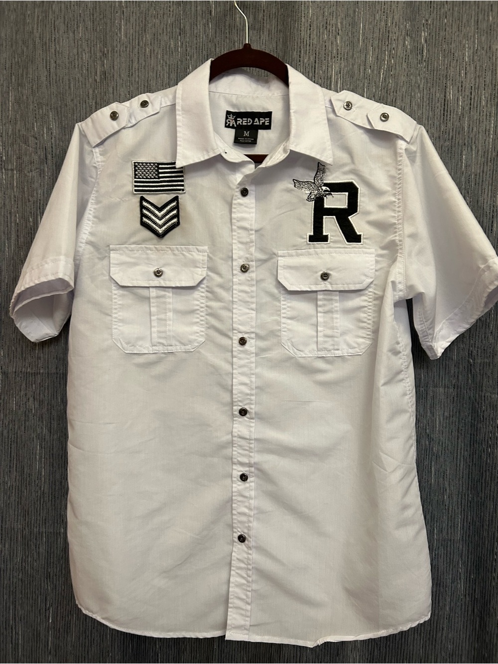 Red Ape Military Patch Embroidered Button Down Shirt M, streetwear, urban prep
